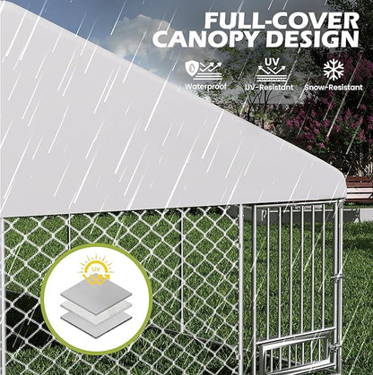 15FTx15FT Outdoor Dog Kennel with Roof, Outside Dog Run Fence with Rotated Dog Bowls, Large Dog House Pen Enclosure with Secure Lock&Textilene Door