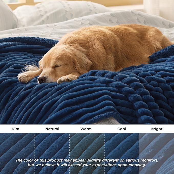 Bedsure ComfyFleece™ Waterproof Dog Blankets for Large Dogs - Soft Pet Cat Blanket Corduroy Fleece for Couch Protector Washable, Cozy Calming Reversible Furniture Protection,40"x50", Navy Blue