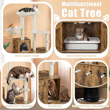 Yaheetech Litter Box Enclosure with Cat Tree, All-in-one Indoor Kitten House w/Scratching Posts, Wooden Cat Litter Box Furniture w/Condo, Platform, Rustic Brown/Beige