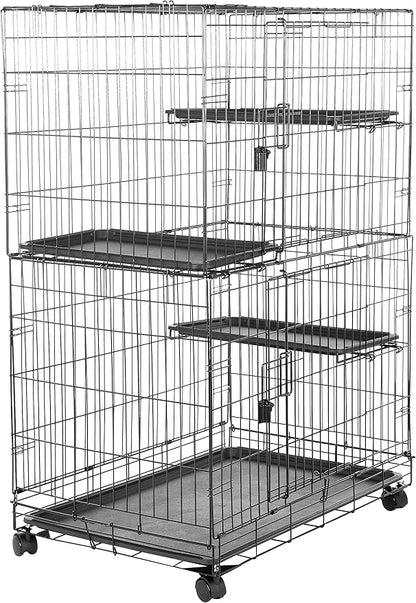 Amazon Basics Large 3-Tier Cat Cage Playpen with Easy to Clean Removable Tray, Front Doors, Portable, Foldable, 35.8" x 22.4" x 50.6", Black