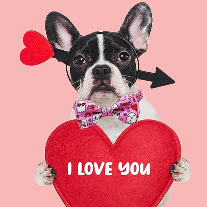 Valentine’s Day Dog Collar Adjustable Puppy Collar with Pink Heart and Flowers Pattern, Cute Pet Accessories for Small Medium Large Dogs