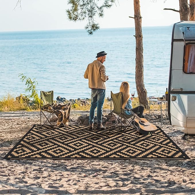 GENIMO Outdoor Rugs 8x10 Waterproof, Reversible Mats, Area Plastic Straw Rug, Outside Carpet, Geometric Rv Mat for Patio Camping Rv Picnic Backyard Deck Balcony Porch Beach Trailer (Black & Brown)