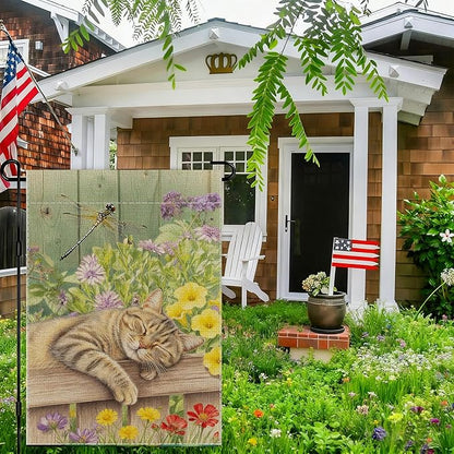 Sleeping Cat Garden Flag Double Sided Home Decorative, Spring Summer Garden Flag Lawn Yard House Outdoor Decor 12 x 18 inch