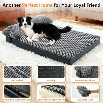 KISYYO Orthopedic XL Dog Beds for Extra Large Dogs with Removable Washable Cover and Removable Pillow for Crate,Waterproof Extra Large Dogs Mat, Grey, 41x27