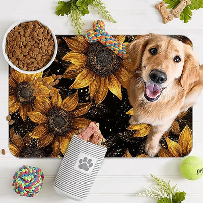 Sunflower Vintage Pet Feeding Mat,Absorbent Quick-Dry Cat Dog Food and Water Bowl Mats, Non-Slip Rubber Backing Mat,Cat Dog Accessories Supplies 16"x24"