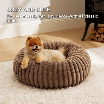 Bedsure ComfyFleece™ Donut Small Dog Bed - Dog Beds for Small Dogs with Corduroy Fleece & Anti Slip Bottom, Round Faux Fur Pet Beds with Washable Removable Cover, Camel Brown, 23x23x7 inches