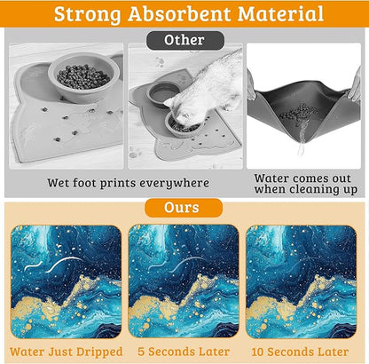Dog Bowl Mat,Blue Gold Marble Pet Feeding Mat for Floors Waterproof,Flowing Absorbent Dogs Placemat for Food and Water Quick Dry Pet Cat Feeding Mats with Non Slip Bottom 16" x 24"