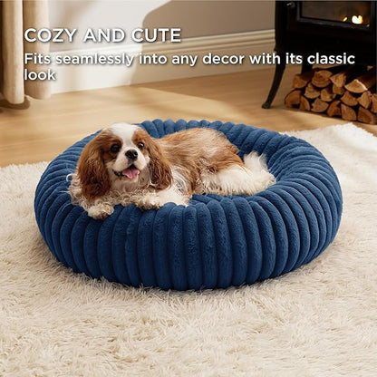 Bedsure ComfyFleece™ Donut Medium Dog Bed - Washable Faux Fur with Corduroy Fleece & Anti Slip Bottom, Round Pet Beds with Removable Cover, Night Blue, 30x30x8 inches