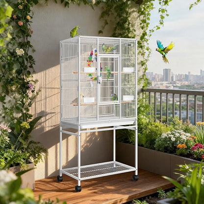 VIVOHOME 54 Inch Wrought Iron Large Bird Flight Cage with Rolling Stand for Parakeets Canaries Cockatiels Lovebirds Conures, White