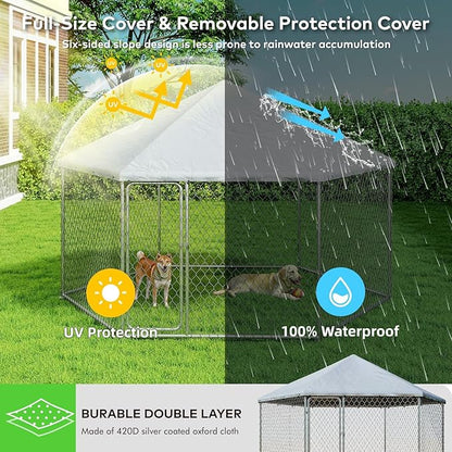9.1x9.1 FT Outdoor Dog Kennel Heavy Duty Dog Enclosure with Waterproof Cover and Security Lock, Galvanized Wire Mesh Hexagonal Large Dog Kennel(109.4x109.4x95.3IN)