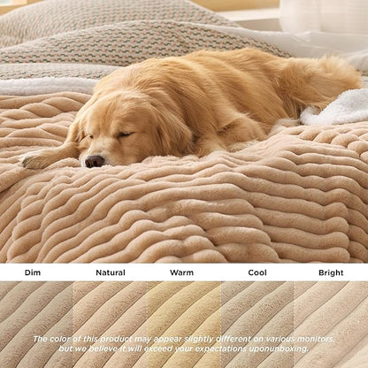 Bedsure ComfyFleece™ Waterproof Dog Blankets for Large Dogs - Soft Pet Cat Blanket Corduroy Fleece for Bed Protector Washable, Cozy Calming Reversible Furniture Protection,60"x80", Tuscan Beige