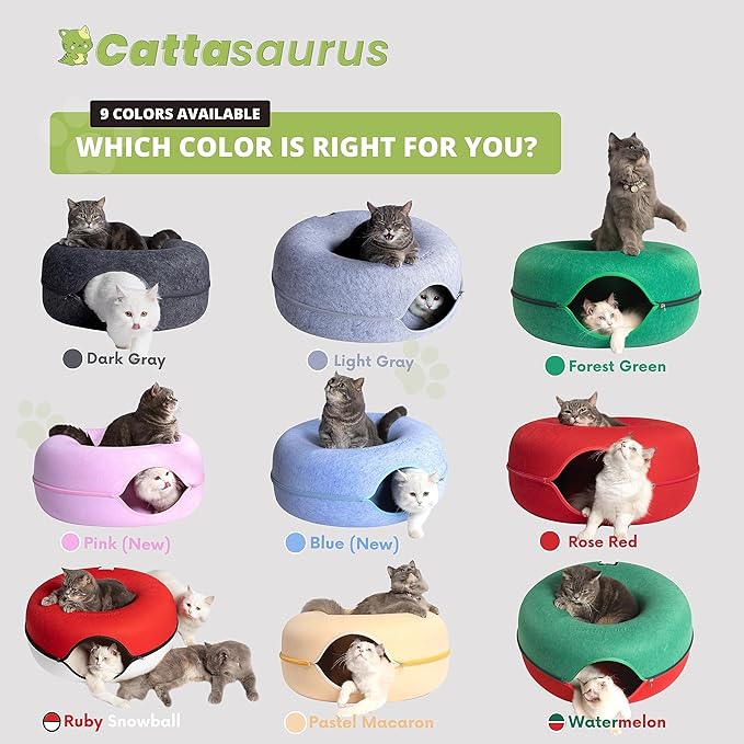 Cattasaurus Peekaboo Cat Cave Donut for Multiple & Large Cats up to 30-45 lbs, 3-in-1 Self Warming Cat Bed, Tunnel & Scratcher for Indoor Cats, Washable & Detachable Dog Bed (Ruby Snowball, Large)