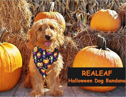 Realeaf Halloween Dog Bandanas 2 Pack, Pumpkins and Ghosts Pet Scarf for Boy and Girl, Premium Durable Fabric, Holiday Bandana for Large and X-Large Dogs Pets (X-Large)