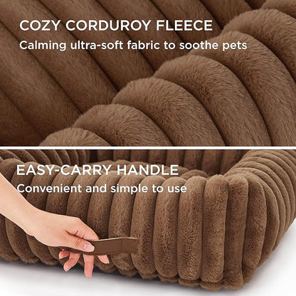 Bedsure ComfyFleece™ Cute Dog Bed for Small Dogs & Cats - Washable Furry Puppy Beds, Rectangle Orthopedic Corduroy Fleece Pet Beds with Removable Zipper Cover, 20x19x6inches, Camel Brown