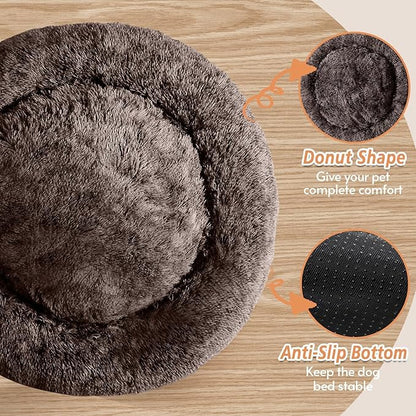 JOLLYVOGUE Calming Small Dog & Cat Bed for Indoor Cats - 20 inches Washable Donut Bed for Kittens & Puppies, Anti-Anxiety Round Fluffy Plush Pet Beds (Fits up to 15 lbs)