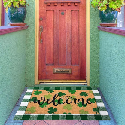 Tinideya 2 Pcs St. Patrick Day Door Mat Welcome Non Slip Coir Mats Clover Pattern Green White Plaid Floor Layering Doormats Seasonal for Front Porch Entryway Decor(st Patrick's Day)