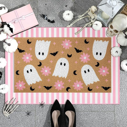 Tinideya 2 Pcs Door Mat Welcome Non Slip Coir Mats Floor Layering Doormats Seasonal for Front Porch Entryway Decor(Flower Ghost)