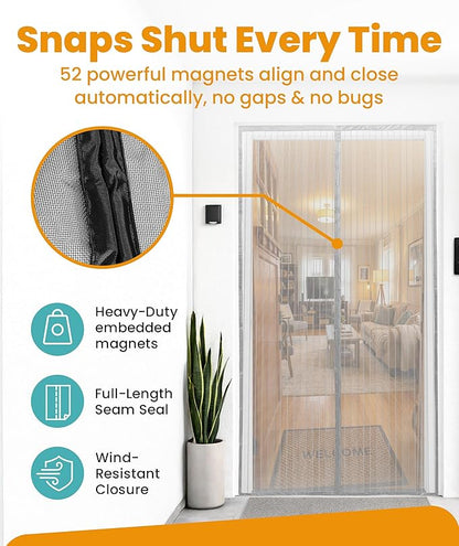 Flux Phenom Magnetic Screen Door Mesh 38x82 Inch – Easy Install, Strong Magnet Strength, Self-Sealing Mesh, Pet Tested, Hands-Free Entry, Doors Screen Magnetic Closure, Keeps Bugs Out - Gray
