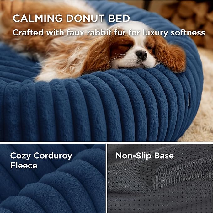Bedsure ComfyFleece™ Donut Medium Dog Bed - Washable Faux Fur with Corduroy Fleece & Anti Slip Bottom, Round Pet Beds with Removable Cover, Night Blue, 30x30x8 inches