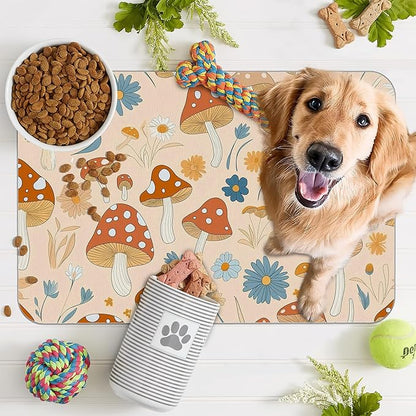 Cute Mushroom Flower Dog Cat Food Mat,Absorbent Pet Feeding Mat with Rubber Backing,Non-Slip Water Bowl Placemat,Indoor Pet Accessories Supplies 12"x20"