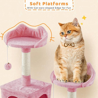 Yaheetech Cat Tree, 82.5in Super Tall Tower w/Cute Top Perches, Scratching Posts, 2-in-1 Ramps, Cozy Basket, Extra Large Condo for Indoor Kittens, Pink