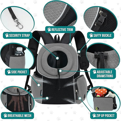 PetAmi Dog Front Carrier Backpack, Ventilated Adjustable Dog Pet Cat Chest Carrier Backpack, Dog Carrier for Hiking Camping Travel, Small Dog Puppy Medium Cat Carrying Bag, Max 14 lbs, Grey