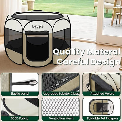 Love's cabin Pet Puppy Dog Playpen, Large Dog Tent Crates Cage Indoor/Outdoor, Portable Playpen for Cat, Foldable Pop Up Dog Kennel Playpen with Carring Case, Removable Zipper Top, Khaki