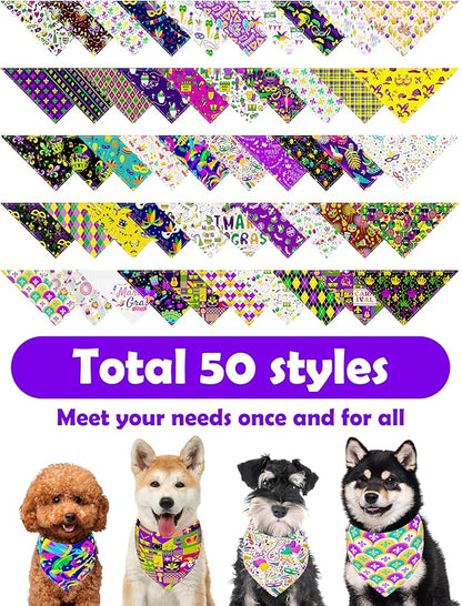 PET SHOW 50 Pack Mardi Gras Dog Bandanas Bulk for Small Dogs Cats Puppys XS Washable Adjustable Dog Scarf Triangle Bibs Pet Green Yellow Decorative Grooming Accessories