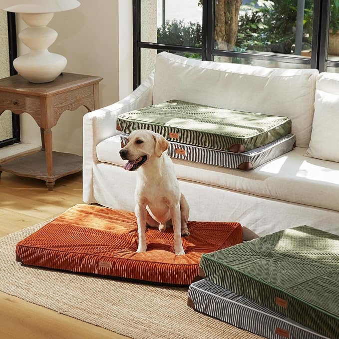 FUKUMARU Dog Bed, Thickened Corduroy Orthopedic Dog Beds with Washable Cover, XL Waterproof Dogs Bed for Crate, 28D Egg Crate Foam Support Pet Mat, Cozy Pet Bed Pad with Anti-Slip Bottom, Green