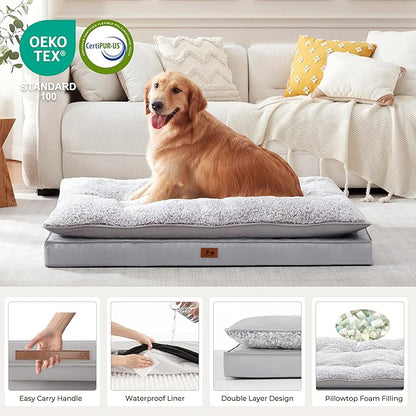 2-Pack XL Waterproof Dog Bed Large Size Dogs, Plush Cushion & Orthopedic Egg-Crate Foam Mattress for Senior Dogs, Washable Dog Crate Bed with Removable Cover, Light Grey