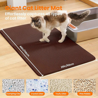 Jumbo Cat Litter Mat, 46x26 Inches Double Layer Honeycomb Litter Trapping Mat, Non Slip Waterproof Urine Proof Extra Large Cat Litter Box Mat, Kitten Supplies and Essentials, XXL, Brown