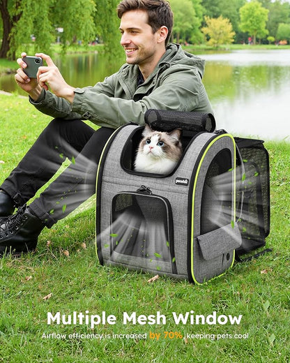 Pecute Cat Backpack Carrier XL, Expandable Pet Backpack for Cats & Small Dogs Up to 15lbs, with 4-Side Breathable Mesh, Multi-Entry & Lockable Zippers for Travel, Hiking, Camping - Hands Free, Gray