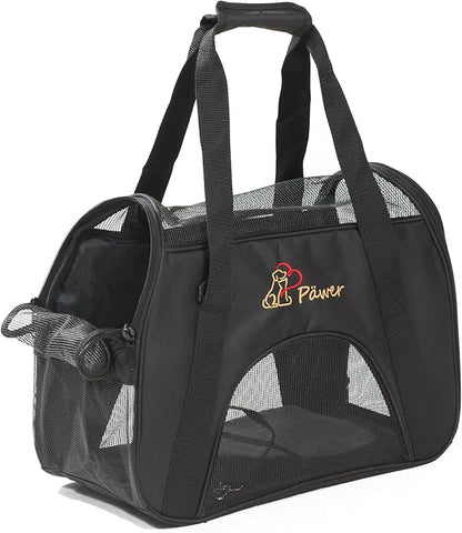 Pawer Soft-Sided Pet Carrier for Cat and Small Dog,Black Color,Medium Size,Washable 600D Oxford Cloth Airline Approved Travel Tote,with 2 Mesh Opens and a Strap for Carry,Multiple Colors Available