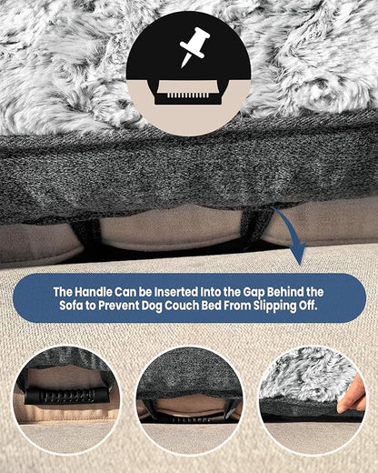Calming Small Dog Bed for Couch, 35 x 31 inch Removable Couch Cover for Dogs Washable, Non-Slip Fluffy Plush Dog Sofa Mat for Furniture Protector - Grey