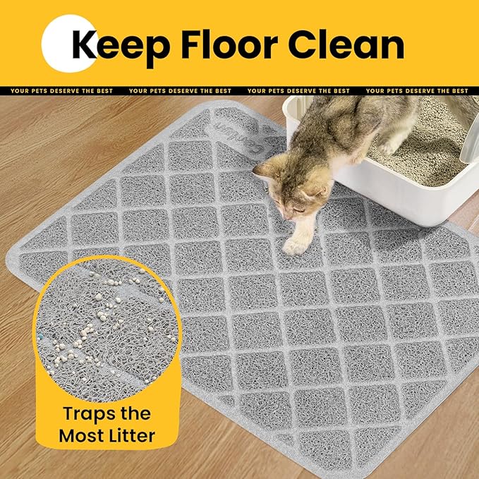 Cat Litter Mat Litter Trapping Mat, 35" x 23" Premium Durable PVC Grid Mesh with Scatter Control, Non-Slip, Less Waste Cat Litter Box Mat, Grey 2 Pack