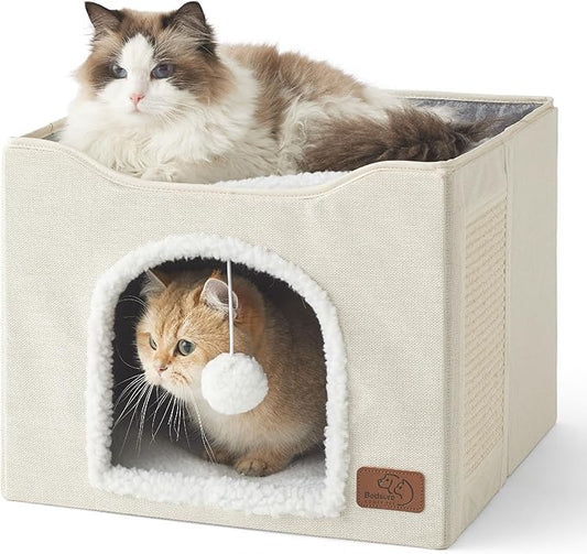 Bedsure Cat Beds for Indoor Cats - Large Cat Cave for Pet Cat House with Fluffy Ball Hanging and Scratch Pad, Foldable Cat Hideaway, 16.5x16.5x13 inches, Ivory