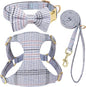 Beirui Cute Extra Small Dog Harness Collar and Leash Set with Bowtie, Soft Adjustable Plaid Puppy Harness for Small Sized Dogs Cats Walks Parties and Photoshoots(Blue,XXS:Chest 12-14")