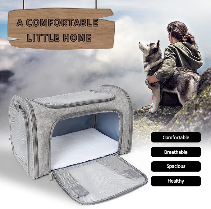 Mile High Life | Outdoor Travel Pet Carrier | Kitty Puppy Cat Carriers | Collapsible Dog Carrier for Small Medium Dogs | Cat Crates w Breathable Mesh with Soft-Sided (Grey, Large)