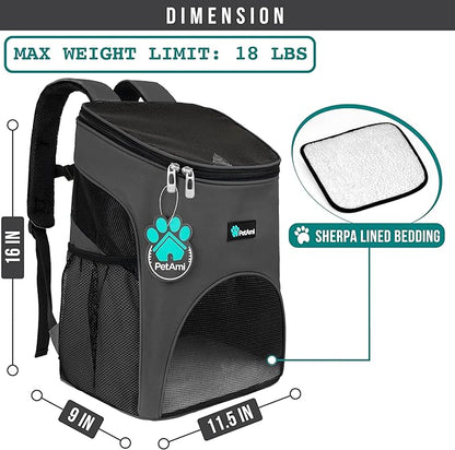 PetAmi Small Dogs and Cat Backpack Carrier, Airline Approved Pet Backpack Carrier, Ventilated, Safety Strap, Buckle Support Designed for Hiking Travel Camping Outdoor, Max 18 lbs (Gray)