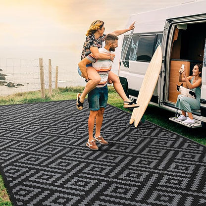 GENIMO Outdoor Rug for Patio Clearance, 8'x16' Waterproof Camping Mat, Reversible Plastic Straw Rugs for RV, Camper, Balcony, Backyard, Picnic, Deck, Black & Gray