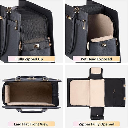 Dog Purse Carrier for Small Dogs, Stylish Foldable Pet Carrier Purse Tote Bag with Washable Cushion & Safety Leash, Airline Approved Puppy Travel Bag with Pockets (Black)
