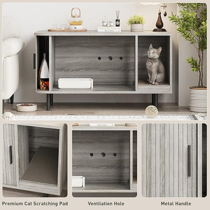 Cat Litter Box Enclosure with Cat Scratch Pad, Sliding Door, 37.4" Litter Box Enclosure Furniture Hidden Litter Box, Modern Indoor Cat House, TV Stand, Side End Table for Living Room, Grey