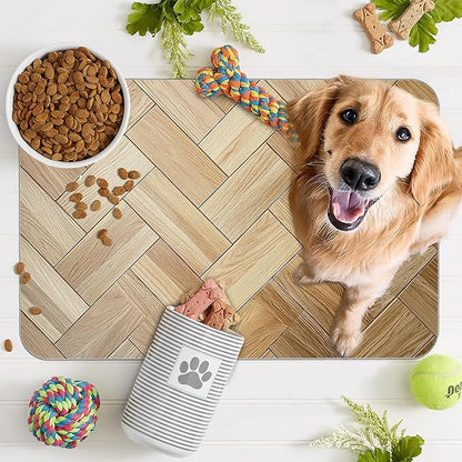 Vintage Wooden Dog Cat Food Mat,Boho Absorbent Pet Feeding Mat for Food and Water,Non-Slip Dog Bowl Mats Floor Protector 12"x20"
