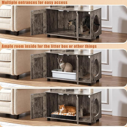 Yaheetech Litter Box Enclosure with Cat Tree, All-in-one Indoor Kitten House w/Scratching Posts, Wooden Cat Litter Box Furniture w/Kitty Condo, Platform, Greige/Beige