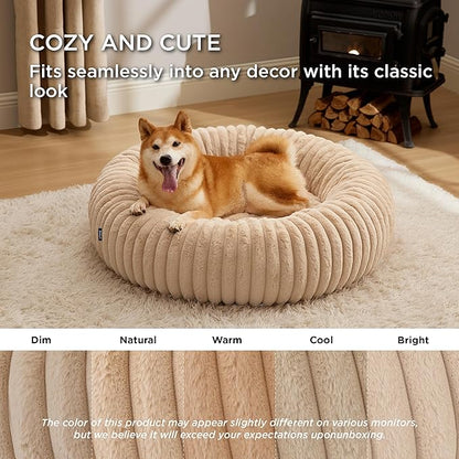 Bedsure ComfyFleece™ Donut Large Dog Bed - Washable Faux Fur with Corduroy Fleece & Anti Slip Bottom, Round Pet Bed with Removable Cover, Sandy Beige, 36x36x8 inches