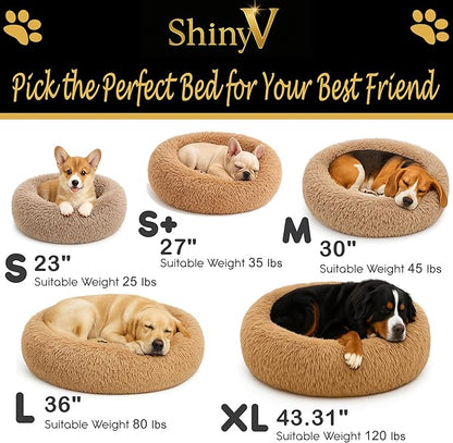 Calming Dog Bed - Fluffy Donut Cuddler for Anxiety Relief, Orthopedic Pet Bed with Non-Slip Bottom, Cozy Round Faux Fur Nest for Dogs and Cats, Plush Crate Mat for Comfort (Camel, Medium)