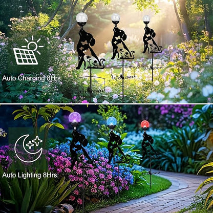 Solar Dog Light Outdoor Decorative,Metal Black Dog&Cat Silhouette Solar Garden Stake,Multi-Colored Changing Glass Ball with LED Light,Welcome Yard Sign Lawn Ornament Decor Gifts for Women