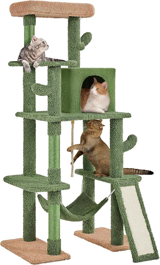 Yaheetech 63in Cactus Cat Tree, Multi-Level Tall Climbing Tower with Sisal-Covered Scratching Posts & Condo & Hammock, Pet Furniture Activity Center for Kitten