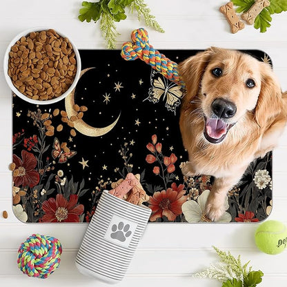 Moon Butterfly Pet Feeding Mat,Vintage Garden Luxury Absorbent Quick-Dry Cat Dog Food and Water Bowl Mats,Non-Slip Rubber Backing Mat,Cat Dog Accessories Supplies 16"x24"