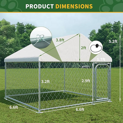 LotFun Large Outdoor Dog Kennel, 6.6 x 6.6 FT Heavy Duty Dog Enclosure with Chain Link Fence, UV-Resistant Canopy Cover, Double Lock Security (6 x 6 x 5 in)